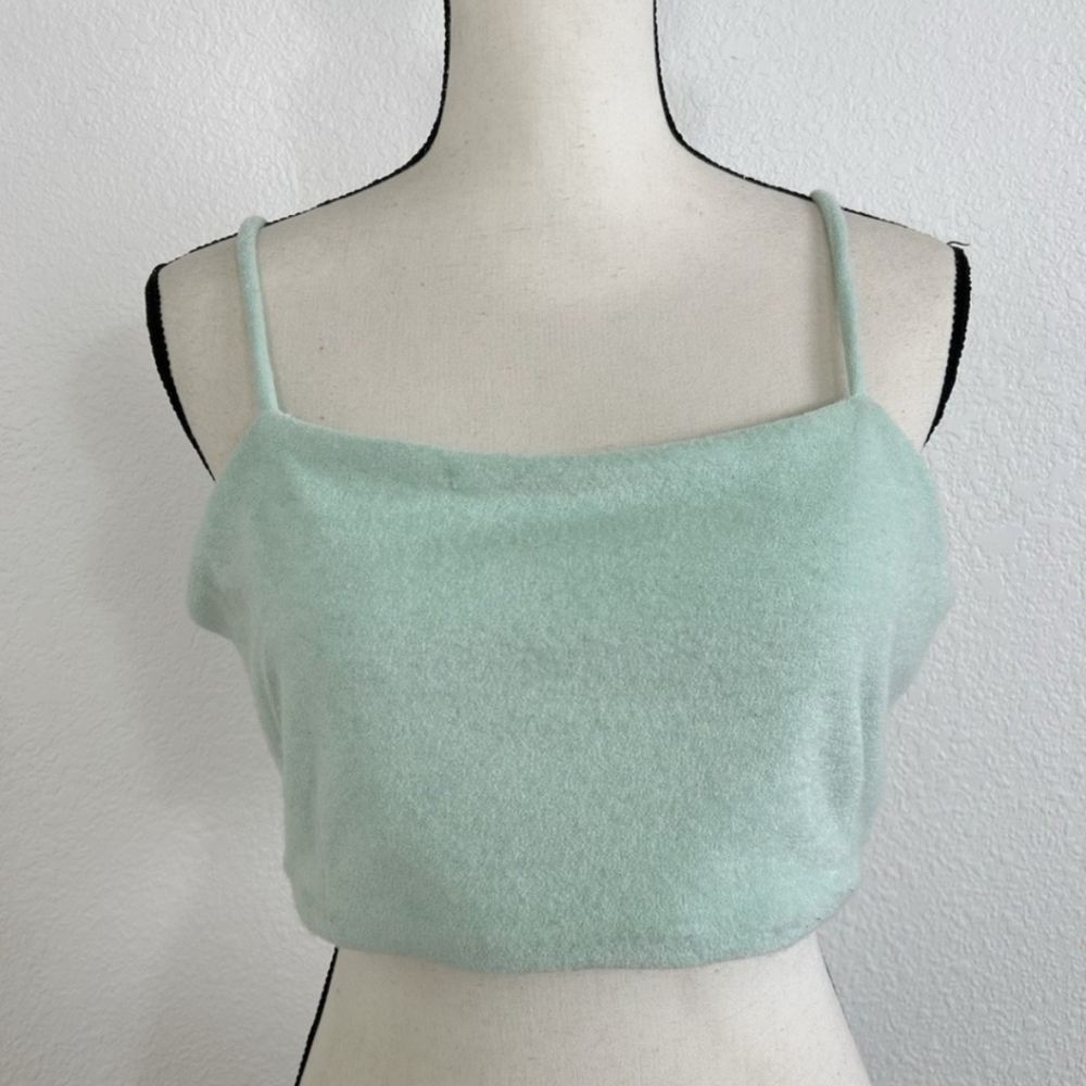 7 For All Mankind mint green terry cloth crop top featuring adjustable straps. 
